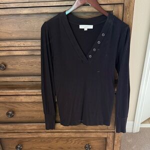 LOFT Black Ribbed Long Sleeve V-Neck Top with Button Detail